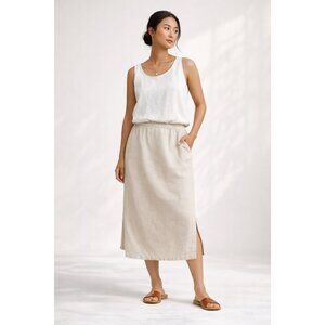 L.L.Bean Women’s Linen Midi Skirt Size 8 Elastic Waist Neutral Beige Side Slits